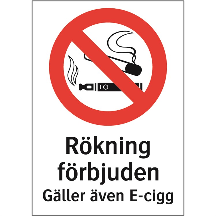 Förbudsskylt: Rökning förbjuden. Gäller även E-cigg