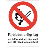 Förbudsdekal: Förbjudet enligt lag att införa eld, att tända eld och att röka inom området