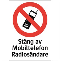 Förbudsdekal: Stäng av mobiltelefon, radiosändare