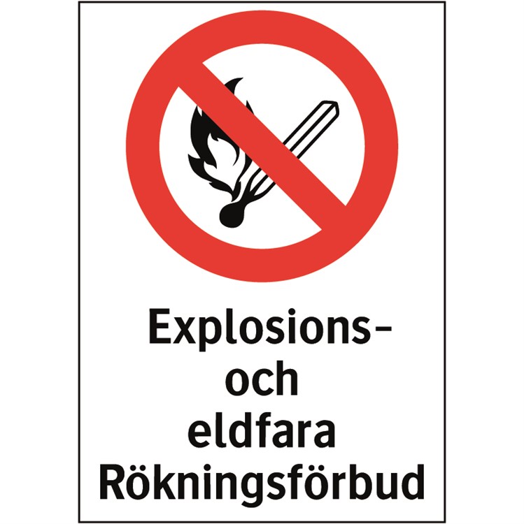 Förbudsskylt: Explosions- och eldfara, rökningsförbud